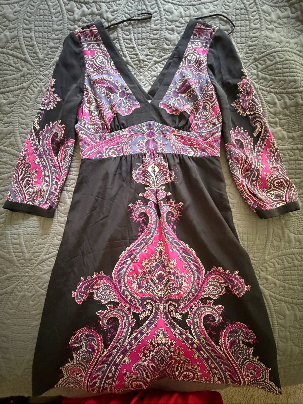 Tibi New York Black Dress with Pink Paisley Print V-Neck
